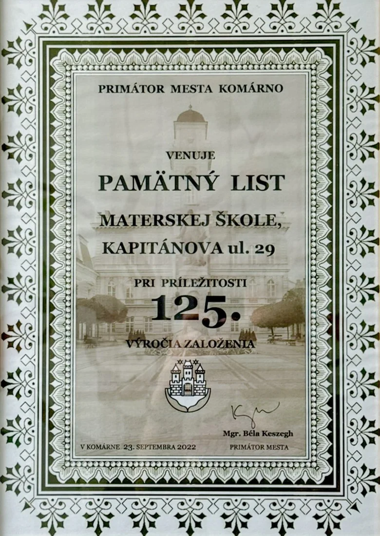 Pamätný list od primátora mesta Komárno k 125. výročiu založenia materskej školy